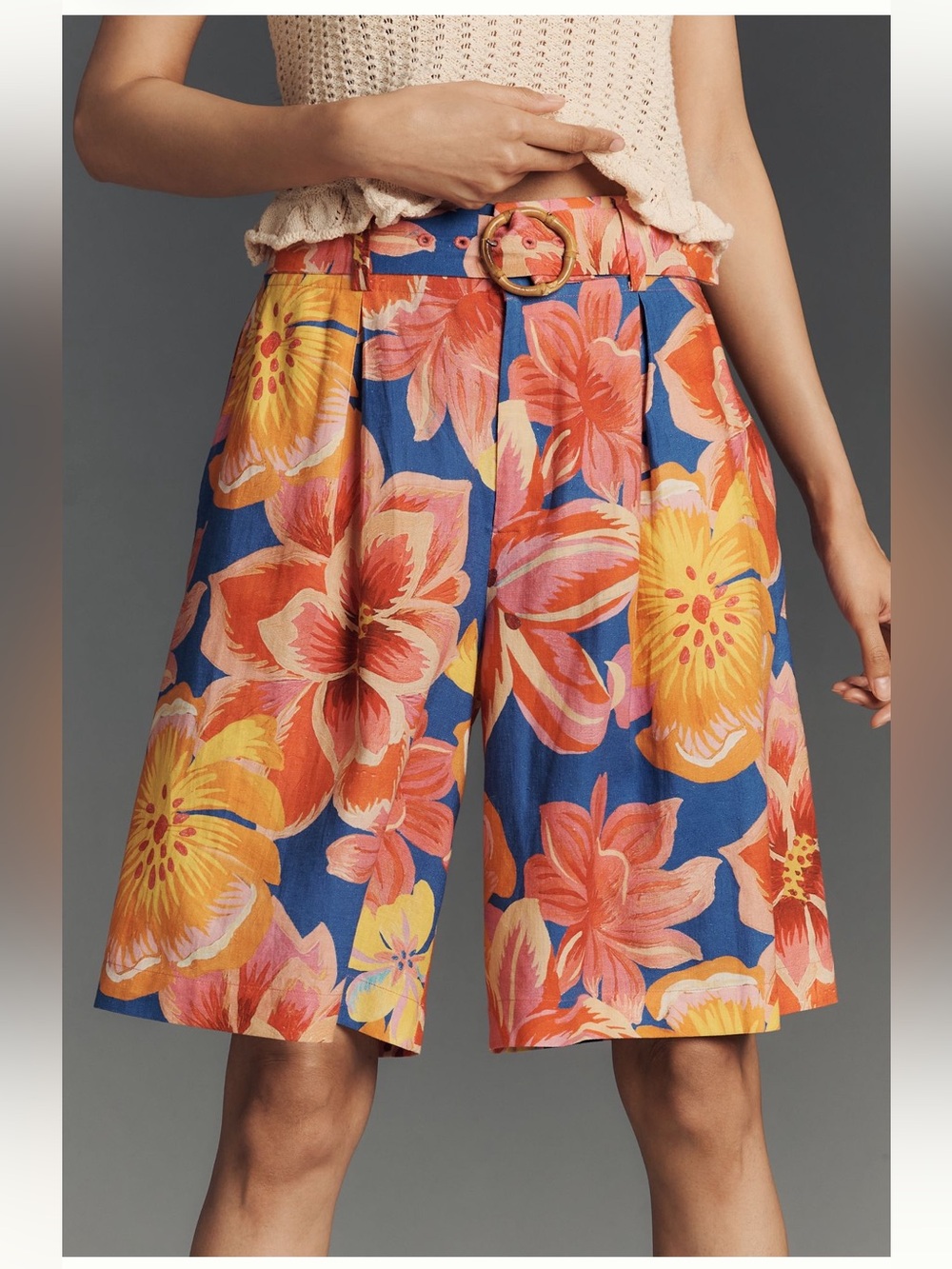 Floral Print High-Waist, Wide Leg, Knee Length Linen Shorts in Blue/Pink/Yellow - Picture 6 of 8